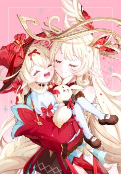 Rule 34 | 2girls, :d, ^ ^, alice (genshin impact), bare shoulders, blonde hair, blush, bow, bow legwear, bowtie, brown shoes, closed eyes, closed mouth, commentary request, double-parted bangs, dress, frilled sleeves, frills, genshin impact, hat, highres, klee (genshin impact), long hair, mary janes, mother and daughter, multiple girls, open mouth, pantyhose, pink background, pointy ears, red bow, red bowtie, red dress, red hat, shoes, short sleeves, sleeve bow, smile, watermark, white pantyhose, witch hat, yutukicom