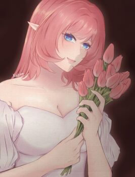1girl alternate_costume artist_name bare_shoulders blue_eyes breasts brown_background cleavage commentary dress elf elysia_(honkai_impact) english_commentary flower highres holding holding_flower honkai_(series) honkai_impact_3rd large_breasts long_hair pink_flower pink_hair pink_pupils pink_tulip pointy_ears rinsvalley smile solo tulip upper_body very_long_hair white_dress