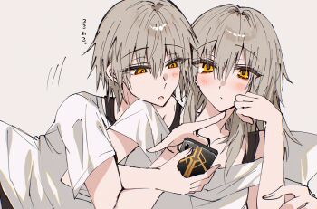 1boy 1girl blush caelus_(honkai:_star_rail) cellphone clenched_hand closed_mouth collarbone commentary_request dual_persona fingernails grey_hair hair_between_eyes hand_on_own_face hand_up highres holding holding_phone honkai:_star_rail honkai_(series) kinona long_hair looking_at_another looking_at_phone lying on_side open_mouth orange_eyes phone pillow shirt short_hair short_sleeves sidelocks simple_background smartphone stelle_(honkai:_star_rail) t-shirt trailblazer_(honkai:_star_rail) white_background white_shirt