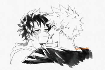 Rule 34 | 2boys, :/, bakugou katsuki, blush, boku no hero academia, closed mouth, commentary request, crew neck, cropped shoulders, facial scar, greyscale, hood, hood down, hoodie, male focus, midoriya izuku, monochrome, multiple boys, navyou38, scar, scar on cheek, scar on face, shirt, short hair, simple background, spiked hair, teeth, tongue, tongue out, twitter username, upper teeth only, white background