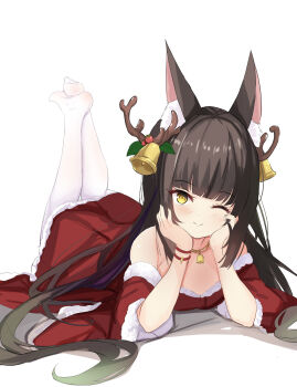 1girl absurdres animal_ears azur_lane bell black_hair chinese_commentary commentary_request dress fox_ears hair_ornament hamiro highres long_hair lying nagato_(azur_lane) on_stomach one_eye_closed pantyhose red_dress smile solo white_pantyhose yellow_eyes