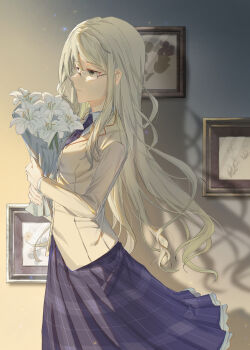 1girl absurdres ayai_hsgm bouquet breasts chaos;head closed_mouth collared_shirt flower from_side highres holding holding_bouquet indoors kusunoki_yua long_hair long_sleeves medium_breasts necktie pleated_skirt school_uniform science_adventure shirt skirt smile solo standing suimei_academy_school_uniform white_shirt