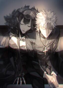 1boy 1girl amakusa_shirou_(fate) black_dress black_hair breasts bridal_gauntlets commentary_request cross dress earrings fate/apocrypha fate_(series) fur_trim jewelry long_hair long_sleeves necklace pointy_ears rata_to semiramis_(fate) short_hair very_long_hair white_hair