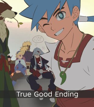 +++ 2girls 4boys animal_ears aseponly belt belt_buckle black_hair black_jumpsuit black_pantyhose blonde_hair blue_boots blue_dress blue_eyes blue_hair blue_hairband boots breath_of_fire breath_of_fire_iv bright_pupils brooch buckle bun_cover capelet closed_mouth collarbone commentary cray_(breath_of_fire) dog_boy dragon_horns dress earrings english_commentary english_text everyone eyeshadow facial_mark feathered_wings fingerless_gloves fou-lu furry furry_male gloves green_kimono grey_hair grin hair_between_eyes hair_bun hairband hands_on_lap headband highres horns japanese_clothes jewelry jumpsuit kimono knee_boots long_hair looking_at_another looking_at_viewer magatama magatama_necklace makeup mouth_hold multiple_boys multiple_girls necklace nina_(breath_of_fire_iv) one_eye_closed pantyhose pointy_ears ponytail purple_shirt purple_wings red_belt red_boots red_gloves red_horns ryu_(breath_of_fire_iv) scias shirt short_dress short_hair simple_background single_hair_bun sitting smile speech_bubble spiked_hair stalk_in_mouth stud_earrings thought_bubble ursula_(breath_of_fire) white_capelet white_pupils wings yellow_eyes