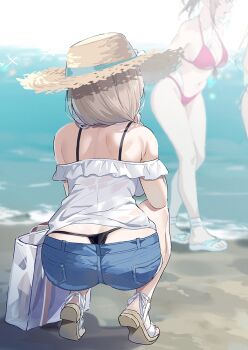 Rule 34 | 3girls, ass, back, bag, bare legs, bikini, black bikini, blue shorts, braid, breasts, brown hair, cleavage, collarbone, commentary request, denim, denim shorts, frilled shirt, frills, hair over shoulder, hat, hawawa-chan's mother (sirokuma shake), hawawa-chan's sister (sirokuma shake), mature female, multiple girls, navel, ocean, original, outdoors, red bikini, sandals, shirt, shorts, sirokuma shake, solo focus, squatting, straw hat, swimsuit, thong, toes, whale tail (clothing), white bag, white shirt