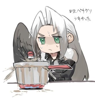1boy armor black_coat black_gloves black_wings bracer chibi chibi_only coat commentary_request cooking cooking_pot crossed_arms day failure feathered_wings final_fantasy final_fantasy_vii fire food furrowed_brow gloves green_eyes grey_hair hattouissenbaka highres indoors long_bangs long_hair long_sleeves male_focus parted_bangs pauldrons sephiroth shoulder_armor single_wing sketch standing sweat translation_request upper_body white_background wings worried