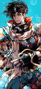 Rule 34 | 1boy, absurdres, alternate costume, aqua eyes, battle tendency, belt, black gloves, black hair, blue pants, bubble, closed mouth, commentary request, cowboy shot, dated, denim, earrings, fingerless gloves, gloves, goggles, goggles around neck, high collar, highres, holding headband, jacket, jeans, jewelry, jojo no kimyou na bouken, joseph joestar, joseph joestar (young), male focus, muscular, muscular male, necklace, pants, ring, scarf, sherytan, signature, smile, solo, star (symbol), turtleneck, unfinished, white scarf