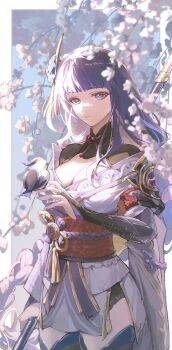1girl 57friend absurdres armor bird bird_on_hand black_thighhighs blue_sky blunt_bangs blurry braid breasts bridal_gauntlets cherry_blossoms chinese_commentary cleavage clothing_cutout depth_of_field duplicate engulfing_lightning_(genshin_impact) fan_hair_ornament flower flower_ornament genshin_impact hair_ornament hair_ribbon highres holding holding_polearm holding_weapon japanese_clothes kimono large_breasts long_braid long_hair looking_at_viewer mitsudomoe_(shape) mole mole_under_eye off_shoulder outdoors polearm purple_eyes purple_flower purple_hair purple_kimono raiden_shogun red_sash ribbon sash shade shoulder_armor shoulder_cutout single_braid sky solo standing thighhighs thighs tomoe_(symbol) twitter_username upper_body weapon weapon_on_back zettai_ryouiki
