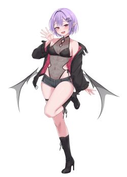 1girl bare_shoulders bat_hair_ornament black_boots black_jacket blush boots breasts commentary covered_navel cross cross_earrings ear_piercing earrings eyelashes fangs fingernails full_body hair_intakes hair_ornament heartsix high_heel_boots high_heels highres jacket jewelry long_sleeves off_shoulder open_clothes open_jacket open_mouth original piercing pink_eyes pointy_ears purple_hair riko_(heartsix) short_shorts shorts simple_background smile solo standing standing_on_one_leg tachi-e teeth thigh_strap upper_teeth_only waving white_background wings