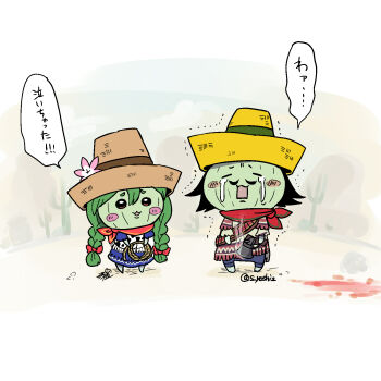 1boy 1girl :3 animal_print bandolier belt blood blood_on_ground blue_dress blurry blurry_background blush_stickers brown_hat cactus_boy cactus_girl cactus_girl_(gregory_horror_show) cactus_gunman_(gregory_horror_show) chiikawa closed_eyes colored_skin commentary_request cow_print crying dress facial_hair flower full_body green_hair green_skin gregory_horror_show gun hair_between_eyes handgun hat hat_flower highres holding holding_gun holding_lasso holding_weapon lasso looking_at_another mustache neckerchief open_mouth orange_neckerchief poncho red_neckerchief s_yoshi2 siblings signature smoke smoking_barrel solid_circle_eyes speech_bubble translation_request vest weapon yellow_hat