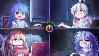 4girls :< :3 :d ahoge bags_under_eyes blonde_hair blue_hair chair cola colored_inner_hair commentary computer controller crossover english_commentary gabriel_dropout gabriel_tenma_white game_controller gaming_chair genderswap genderswap_(mtf) green_eyes grey_eyes grey_hair grin hair_between_eyes headphones highres indoors izumi_konata jacket computer_keyboard laptop light_particles long_hair lucky_star messy_hair mole mole_under_eye monitor multicolored_hair multiple_crossover multiple_girls night no_game_no_life o3o off_shoulder onii-chan_wa_oshimai! open_mouth orange_eyes oversized_clothes oversized_shirt oyama_mahiro pink_hair power_symbol rion_(user_ufvg8527) school_uniform serafuku shiro_(no_game_no_life) shirt smile star_(symbol) star_print swivel_chair t-shirt track_jacket trait_connection two-tone_hair white_shirt yellow_eyes