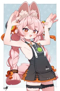 1girl absurdres animal_ear_fluff animal_ears arms_up boppin braid commission flat_chest furry furry_female hair_ornament highres loli long_hair open_mouth panties panty_pull pink_hair solo tail twin_braids underwear variant_set zenless_zone_zero zhao_(zenless_zone_zero)