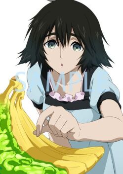 1girl :o anime_coloring black_hair blue_eyes commentary_request dress food gel_banana hair_between_eyes looking_at_viewer lowres official_art open_mouth puffy_short_sleeves puffy_sleeves sample_watermark science_adventure shiina_mayuri short_hair short_sleeves simple_background solo steins;gate upper_body watermark white_background