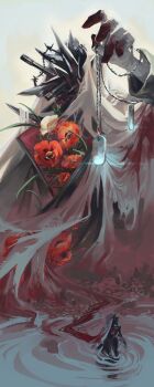 1boy absurdres black_coat charon_(reverse:1999) coat dog_tags flower gloves hand_up highres holding_dog_tags kilydwn knife male_focus multiple_views object_head partially_submerged poppy_(flower) red_flower reverse:1999 ripples upper_body veil water white_background white_gloves white_veil