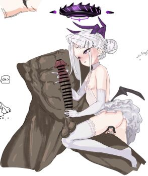 1boy 1girl ass bar_censor black_halo blue_archive breasts censored dark-skinned_male dark_skin demon_girl demon_horns demon_wings elbow_gloves gloves halo hina_(blue_archive) horns koharu_(blue_archive) long_hair low_wings nipples open_mouth penis purple_eyes samesann simple_background small_breasts thighhighs white_background white_gloves white_hair white_thighhighs wings