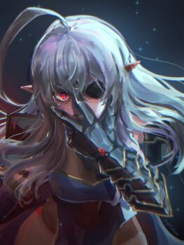 1girl ahoge black_gauntlets blue_dress commentary dress english_commentary eughfish evil_smile eyepatch gauntlets general_geega general_geega_(1st_costume) highres hip_bones indie_virtual_youtuber long_hair pointy_ears red_eyes see-through_cleavage see-through_clothes single_gauntlet smile sparkle thighs virtual_youtuber