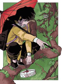 Rule 34 | 1boy, backpack, bag, bandana, black hair, grass, green eyes, hawaku, hibiki ryouga, highres, holding, holding umbrella, ranma 1/2, shadow, solo, translation request, tree, umbrella, yellow bandana
