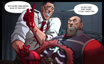 2boys bald bald_male bed black_eyes black_hair black_vest blood blood_on_clothes blood_on_face blood_on_hands bone cabbage_(ncalabby) collared_shirt furrowed_brow glasses grin half-closed_eyes hands_up heart heart_(organ) heavy_(tf2) high_collar highres holding holding_heart holding_heart_(organ) hospital_bed intestines long_sleeves looking_at_another lungs lying male_focus mature_male medic_(tf2) multiple_boys muscular muscular_male necktie on_back open_mouth organs red_heavy_(tf2) red_medic_(tf2) red_necktie red_shirt ribs round_eyewear shirt short_hair short_sleeves simple_background sleeves_rolled_up smile smirk sweatdrop team_fortress_2 teeth torn_clothes torn_shirt vest white_shirt