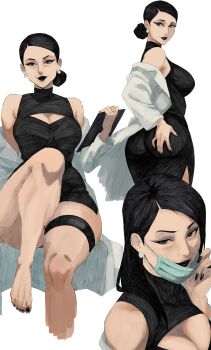 1girl absurdres black_dress black_lips black_nails breasts cleavage_cutout clothing_cutout cropped_legs debbie_grayson dress hair_bun hand_on_own_ass hex_mamaso highres holding holding_notepad invincible_(series) lab_coat large_breasts mask mature_eyes mature_female mouth_mask nail_polish notepad seductive_smile single_hair_bun sleeveless sleeveless_dress smile solo toenail_polish toenails