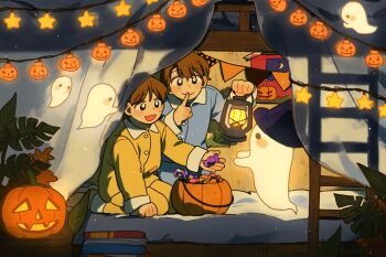 Rule 34 | 1boy, 1girl, basket, bed, black eyes, blue pajamas, blue pants, brown hair, bunk bed, candy, collared pajamas, commentary request, food, ghost, halloween, highres, holding, holding candy, holding food, holding lantern, index finger raised, korean commentary, ladder, lantern, long sleeves, on bed, original, pajamas, pants, seiza, short hair, sihyun25, sitting, yellow pajamas, yellow pants