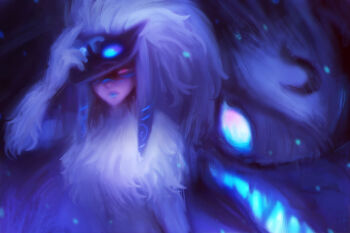 1boy 1girl alex_chow black_fur blue_eyes blue_lips blue_theme body_fur commentary english_commentary fantasy kindred_(league_of_legends) lamb_(league_of_legends) league_of_legends long_hair looking_at_viewer mask pink_eyes portrait white_fur wolf wolf_(league_of_legends)