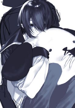 1boy chair closed_mouth expressionless greyscale hair_over_one_eye highres holding holding_stuffed_toy hugging_object indigo_(indigo_aoi) jacket knees_up looking_at_viewer male_focus mayuzumi_kai mayuzumi_kai_(1st_costume) monochrome multicolored_jacket nijisanji pants protected_link short_hair sitting sleeves_past_wrists solo stuffed_animal stuffed_dog stuffed_toy two-tone_jacket unfinished virtual_youtuber white_background