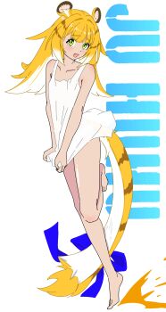 1girl absurdres animal_ear_fluff animal_ears bare_shoulders barefoot blonde_hair blue_bow blush bow character_name collarbone colored_inner_hair covering_privates fang feet feet_up flat_chest green_eyes highres ju_fufu loli long_hair looking_at_viewer multicolored_hair one-piece_dress open_mouth pulling_own_clothes see-through_clothes simple_background smile solo standing standing_on_one_leg tail tail_bow tail_ornament thighs tiger_ears tiger_girl tiger_tail toes user_ekgc2882 white_background white_hair zenless_zone_zero