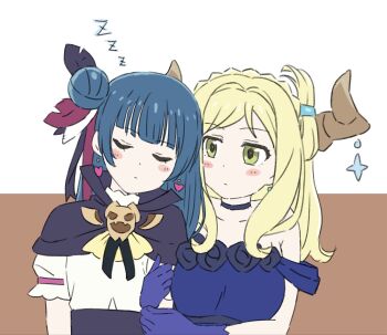 2girls arm_hug armpit_crease bare_shoulders black_capelet blonde_hair blouse blue_dress blue_hair blunt_bangs braid brown_background capelet collarbone commentary crown_braid demon_girl demon_horns dress earrings expressionless feather_hair_ornament feathers genjitsu_no_yohane go6jovoahdc8h7k green_eyes hair_bun hair_ornament heart heart_earrings highres horns jewelry leaning_on_person leaning_to_the_side long_hair love_live! love_live!_sunshine!! mari_(genjitsu_no_yohane) multiple_girls ohara_mari puffy_short_sleeves puffy_sleeves shirt short_sleeves simple_background single_side_bun sleeping sleeping_upright sleeveless sleeveless_dress symbol-only_commentary tsushima_yoshiko upper_body white_shirt yohane_(genjitsu_no_yohane) zzz