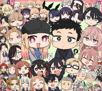 6+boys 6+girls absurdres arm_up black_hair black_hat blonde_hair border character_request chibi glasses gojou_wakana green_background group_picture hat highres kitagawa_marin long_hair mask mouth_mask multicolored_hair multiple_boys multiple_girls official_art pink_border pink_hair playboy_bunny red_eyes short_hair simple_background sono_bisque_doll_wa_koi_wo_suru two-tone_hair yamamoto_yuusuke_(animator)
