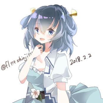 1girl blue_dress blue_eyes blue_hair blush breasts collared_shirt commentary_request dated dress flower hair_ornament hair_stick kaku_seiga looking_at_viewer medium_breasts medium_hair open_clothes open_mouth open_shirt puffy_short_sleeves puffy_sleeves shinjitsu_no_kuchi shirt short_sleeves simple_background smile solo touhou twintails_day twitter_username upper_body white_background white_flower white_shirt