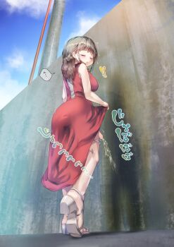1futa ankle_strap ayanakitori blue_sky blush boxeshs_up braid braided_ponytail breasts brown_hair closed_eyes clothes_lift decensored dress dress_lift from_below futanari heel_up high_heels highres medium_breasts medium_hair original panties_around_leg pee peeing peeing_on_wall penis penis_peek red_dress sandals shoe_soles sky solo speech_bubble standing strappy_heels sweat third-party_edit toenails toes translated trembling twitching_penis uncensored