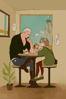 1boy 1girl absurdres antenna_hair arm_rest bag black_shirt blue_pants boots brown_bag brown_boots collarbone commentary_request couple cup dating day elbow_rest elbows_on_table facial_hair food goatee_stubble green_jacket green_socks grey_hair hetero highres holding holding_spoon hood hooded_jacket ice_cream indoors jacket kabane_(rjev8385) lace-up_boots looking_at_another mouth_hold muscular muscular_male oc_x_canon on_stool one_piece open_mouth original pants partially_unbuttoned pectorals picture_frame plant potted_plant profile saucer shirt short_hair shoulder_bag sitting smoke smoke_trail smoker_(one_piece) smoking socks speech_bubble spoon stool stubble sundae table teacup three-quarter_sleeves translation_request white_hair window wooden_floor