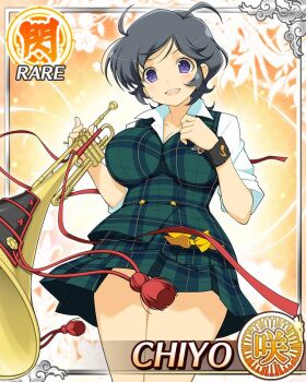 1girl black_hair border breasts card_(medium) character_name chiyo_(senran_kagura) cleavage english_text game_cg green_skirt green_vest holding holding_instrument holding_trumpet instrument large_breasts looking_at_viewer messy_hair official_alternate_costume official_art open_mouth plaid_clothes plaid_skirt plaid_vest purple_eyes sakigei_municipal_academy_school_uniform school_uniform senran_kagura senran_kagura_new_wave shirt short_hair short_sleeves skirt smile solo trumpet vest white_shirt wristband
