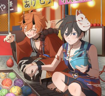 2boys ahoge akehoshi_subaru bbahot black_hair black_shorts blue_eyes bowl closed_eyes closed_mouth commentary_request ensemble_stars! facial_mark fox_mask gradient_horns hair_between_eyes hidaka_hokuto highres holding holding_bowl holding_string horns japanese_clothes long_sleeves male_focus mask mask_on_head multicolored_horns multiple_boys official_alternate_costume open_mouth orange_hair red_nails shirt short_hair shorts sleeveless sleeveless_shirt smile squatting string wide_sleeves