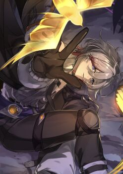 Rule 34 | 1boy, absurdres, ahoge, bird, black gloves, black pants, blue eyes, coat, commentary, genshin impact, gloves, grey hair, hair between eyes, hashtag-only commentary, highres, illuga (genshin impact), knee pads, looking at viewer, male focus, mole, mole under eye, multicolored hair, pants, reaching, reaching towards viewer, red hair, red pupils, silver trim, solo, sweater, symbol-only commentary, teeth, thigh strap, turtleneck, turtleneck sweater, two-tone hair, vision (genshin impact), wooosukida