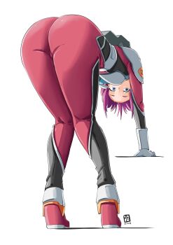 1girl ass automatic_giraffe blue_eyes bodysuit breasts code_geass commentary english_commentary from_behind full_body highres kouzuki_kallen knees_together_feet_apart leaning_forward looking_at_viewer medium_breasts pilot_suit red_bodysuit red_hair short_hair solo white_background