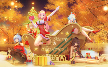 5girls ahoge barbara_(genshin_impact) barefoot bench black_pantyhose blonde_hair blue_eyes box breasts brown_hair chinese_commentary christmas christmas_present clothing_cutout commentary_request crown dated_commentary doll_joints dress elysia_(honkai_impact) feet furina_(genshin_impact) ganyu_(genshin_impact) genshin_impact gift gift_box goat_horns heart-shaped_box herta_(honkai:_star_rail) herta_(puppet)_(honkai:_star_rail) highres holding holding_box honkai:_star_rail honkai_(series) honkai_impact_3rd horns joints medium_breasts merry_christmas mihoyo multiple_girls naked_ribbon pantyhose red_dress ribbon santa_claus santa_costume santa_dress side_cutout sled small_breasts smile squatting toes tree twintails yuan_(xp1447998769)