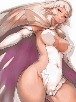 1girl aq_interactive arcana_heart atlus breasts cameltoe cape center_opening cleavage covered_erect_nipples covered_navel dark-skinned_female dark_skin elbow_gloves elf examu female_focus fumio_(rsqkr) gloves groin large_breasts leotard lips long_hair no_panties parace_l&#039;sia pointy_ears red_eyes revealing_clothes side_slit sideboob simple_background solo thighs white_hair