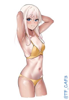 1girl absurdres armpits arms_behind_head blonde_hair blue_eyes blush bow bow_bra bra breasts collarbone commentary_request cowboy_shot cropped_legs hair_between_eyes highres kantai_collection long_hair long_sidelocks looking_at_viewer navel one-hour_drawing_challenge one-piece_tan panties ro-500_(kancolle) sidelocks simple_background skindentation small_breasts smile solo standing stomach tan tanline tf_cafe twitter_username underwear white_background yellow_bra yellow_panties