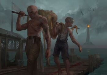 2boys absurdres alexeykruglov bald blue_shorts brown_overalls brown_pants flag highres horizon lighthouse multiple_boys ocean original overalls pants pier shore shorts tower water white_flag wooden_floor