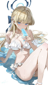 Rule 34 | 1girl, absurdres, alternate costume, bare shoulders, bikini, blonde hair, blue archive, blue bow, blue eyes, blush, bow, eating, food, frilled bikini, frills, highres, holding, holding food, holding popsicle, looking at viewer, nanjo maya, official alternate hairstyle, popsicle, solo, swimsuit, toki (blue archive), white bikini
