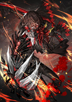 1boy black_capelet black_gloves blood blood_splatter bloody_weapon brown_hair capelet claw_(weapon) code_vein collared_shirt commentary_request dynamic_pose gas_mask gloves glowing glowing_eyes hair_over_one_eye holding holding_sword holding_weapon jewelry looking_at_viewer louis_(code_vein) male_focus mask mura_karuki necklace red_eyes shirt short_hair solo sparks sword weapon