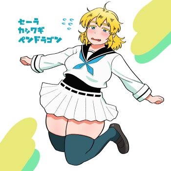 1girl black_shoes blonde_hair blush breasts commentary_request fang flying_sweatdrops full_body green_eyes highres kashiwagi_sara long_sleeves medium_breasts medium_hair popoleon school_uniform scum_of_the_brave shirt shoes skirt solo thighhighs white_shirt white_skirt