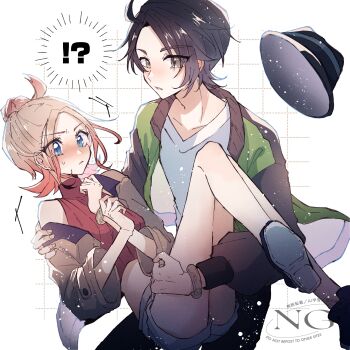 !? 1boy 1girl absurdres black_hair black_hat black_pants blonde_hair blue_eyes breasts brown_jacket carrying carrying_person closed_mouth commentary_request gradient_hair green_jacket hair_bun hat highres holding jacket long_sleeves mega_ring midriff multicolored_hair navel nintendo open_clothes open_jacket open_mouth pants paxton_(pokemon) pink_hair pokemon pokemon_legends:_z-a princess_carry red_shirt ribbed_shirt shirt short_hair shorts striped_hat taunie_(pokemon) turtleneck white_shirt white_shorts yng_pkmn