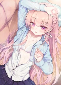 1girl 3: absurdres arm_up ashiyu0330 black_skirt blue_jacket blush bra braid breasts casual clenched_hands closed_mouth collarbone commentary_request couch cowboy_shot denim denim_jacket dutch_angle eyelashes eyes_visible_through_hair fingernails hair_between_eyes hair_ribbon hair_spread_out hand_up head_on_pillow highres jacket lips long_hair long_sleeves looking_at_viewer lying mitsukasa_ayase official_alternate_costume official_alternate_hairstyle on_back on_couch open_clothes open_jacket open_shirt partially_unbuttoned pillow pink_hair pleated_skirt purple_eyes ribbon riddle_joker shirt side_braid skirt small_breasts solo sweat tsurime underwear very_long_hair white_bra white_ribbon white_shirt