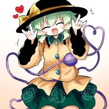 1girl \m/ black_hat bow buttons closed_eyes diamond_button double_\m/ eyeball floral_print frilled_shirt_collar frilled_sleeves frills green_hair green_skirt hat hat_bow hat_ribbon heart heart_of_string heripantomorrow komeiji_koishi open_mouth ribbon rose_print shirt skirt smile stitched_eye third_eye touhou wide_sleeves yellow_bow yellow_ribbon yellow_shirt