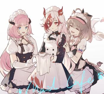 Rule 34 | 3girls, alternate costume, animal ears, apron, black sleeves, blue eyes, breasts, brown hair, cat ears, cat girl, chinese clothes, chinese commentary, closed eyes, commentary request, cup, elysia (honkai impact), elysia (miss pink) (honkai impact), elysia (miss pink elf) (honkai impact), english text, fu hua, fu hua (garuda), gloves, hair between eyes, hand on another's shoulder, highres, holding, honkai (series), honkai impact 3rd, long hair, looking at another, maid, maid apron, maid headdress, medium hair, mug, multicolored hair, multiple girls, official alternate costume, open mouth, pardofelis, pardofelis (meowtose macchiato), pink hair, qqqne, red eyes, red hair, simple background, small breasts, streaked hair, two-tone hair, upper body, very long hair, white background, white gloves, white hair, white sleeves, yellow pupils
