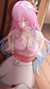 1girl absurdres alternate_costume asutokun_th blush bra breasts cleavage collarbone commentary commentary_request cyrene_(honkai:_star_rail) cyrene_(ripples_of_past_reverie)_(honkai:_star_rail) diamond-shaped_pupils diamond_(shape) english_commentary fingernails gradient_hair hands_up highres honkai:_star_rail honkai_(series) indoors japanese_clothes kimono large_breasts long_hair looking_at_viewer mixed-language_commentary multicolored_hair naughty_face open_clothes open_kimono parted_lips pink_bra pink_eyes pink_hair pointy_ears sidelocks sitting smile solo symbol-shaped_pupils underwear very_long_hair white_kimono