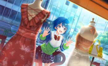 1girl :d blue_eyes blue_hair blurry blurry_background blurry_foreground bow depth_of_field game_cg highres jacket long_sleeves looking_at_viewer open_mouth outdoors plaid_clothes plaid_skirt pleated_skirt red_bow school_uniform shirt short_hair skirt smile solo standing third-party_source toneri_nikako white_shirt world_dai_star