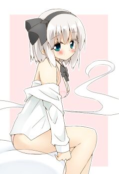 1girl black_bow black_bowtie black_hairband blue_eyes blush bow bowtie bra breasts cleavage commentary_request grey_hair hairband hitodama konpaku_youmu konpaku_youmu_(ghost) long_sleeves looking_at_viewer panties pink_bra pink_panties shirt shishiky sitting solo touhou underwear white_shirt